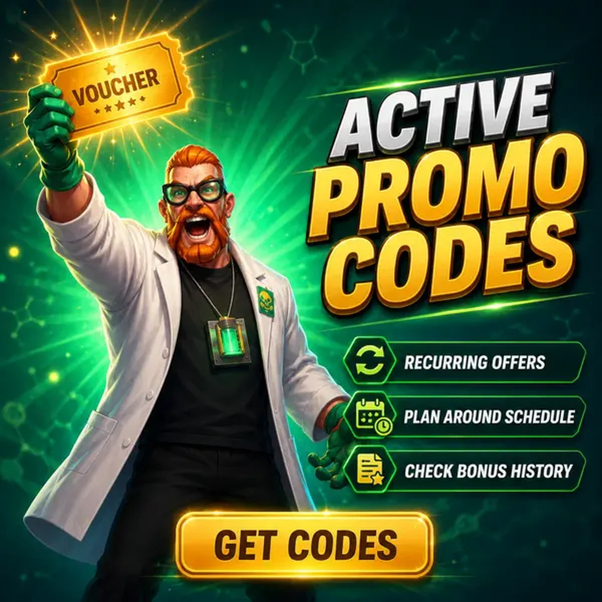 De Hype Chemist houdt triomfantelijk een gouden promocodevoucher vast bij Boomzino Casino