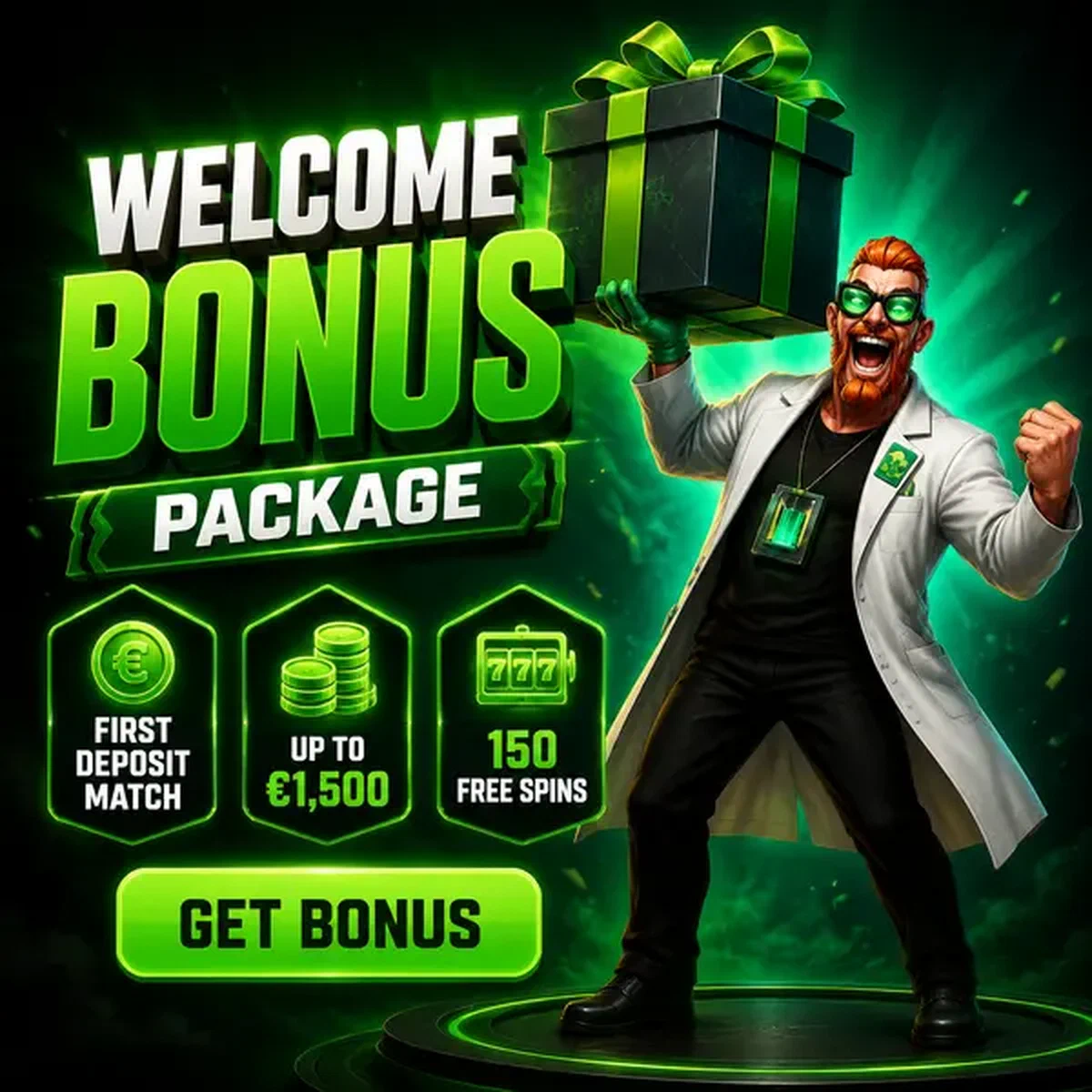 Uitgelaten personage dat het Boomzino Casino welkomstbonuspakket presenteert met een reusachtige geschenkdoos