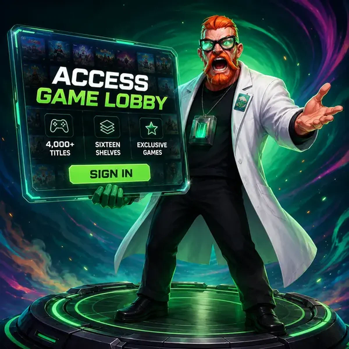 The Hype Chemist verwelkomt spelers om in te loggen bij Boomzino-spellobby met zwevende tablet