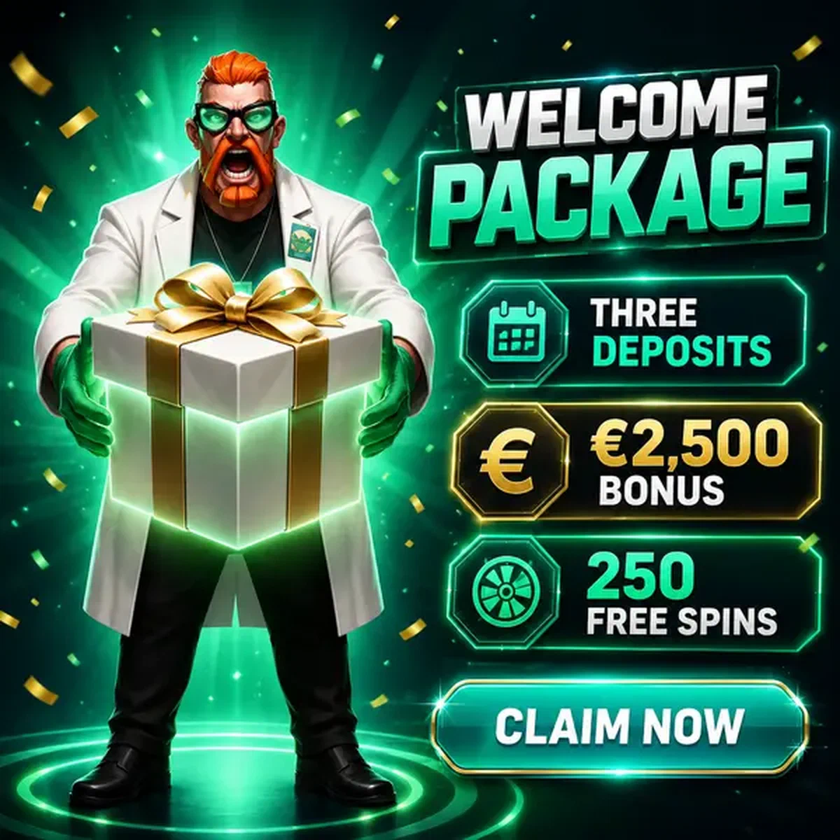 Personage presenteert partnerprogramma geschenkdoos bij Welcome Package You'll Promote casino