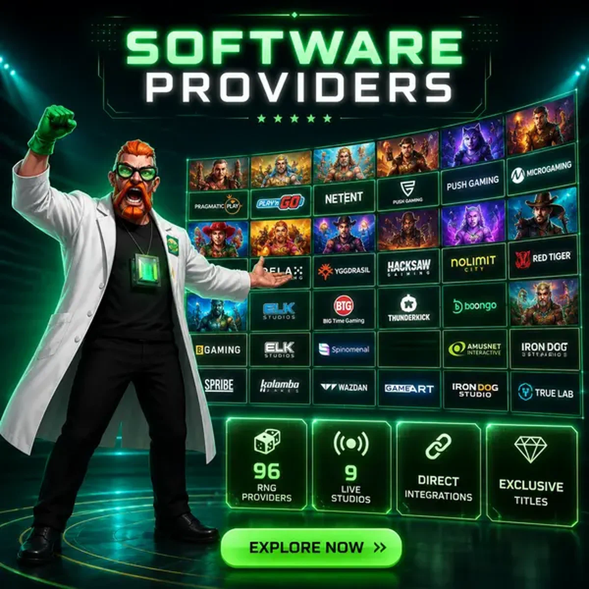 Boomzino Software Providers-hal met digitale mozaïekmuur die spelproviders toont